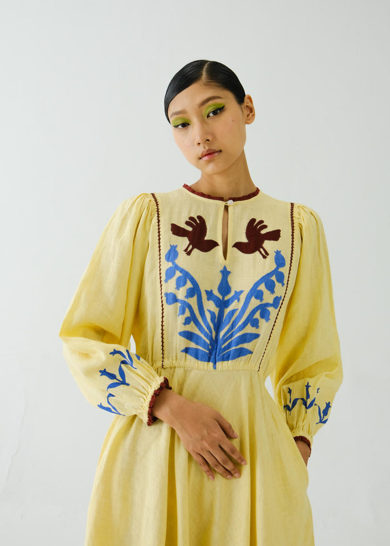 Emma Dress-Butter Yellow Bird Applique by CORD for women Worldwide