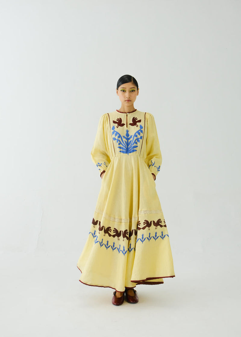 Emma Dress-Butter Yellow Bird Applique by CORD for women Worldwide