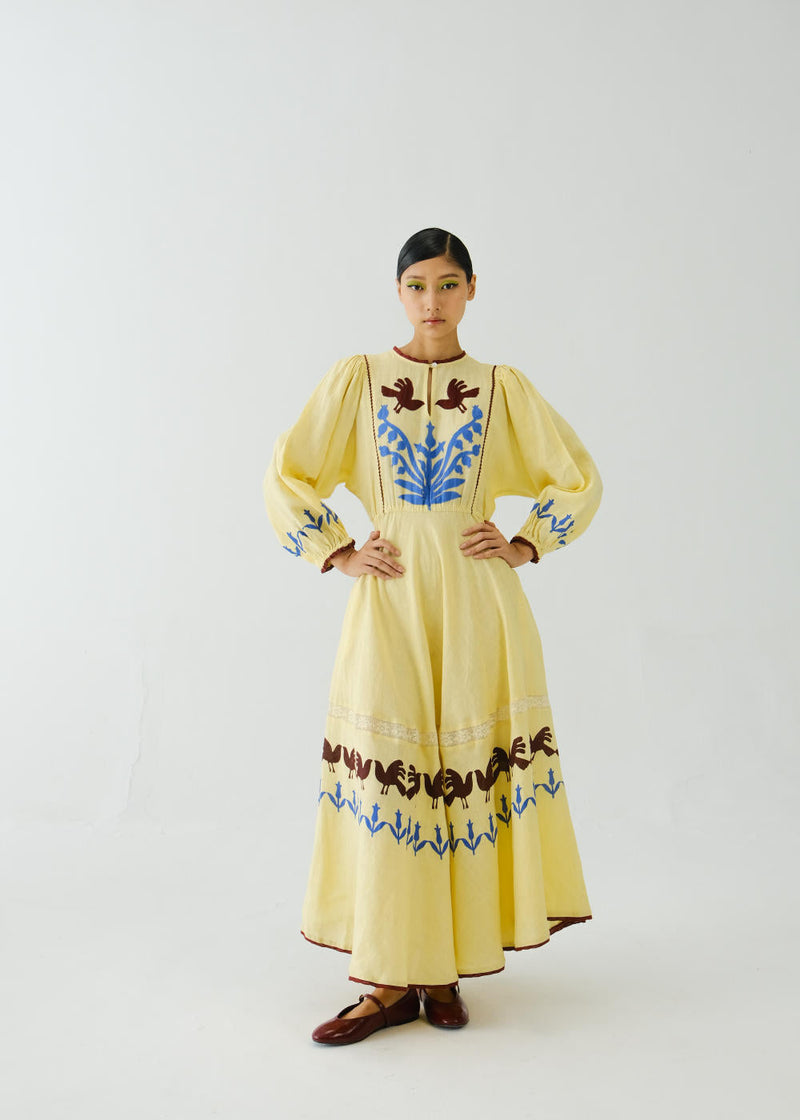 Emma Dress-Butter Yellow Bird Applique by CORD for women Worldwide
