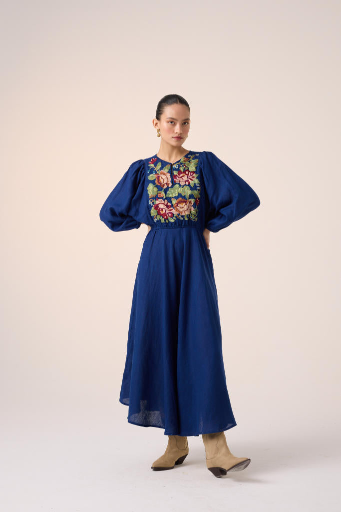 EMMA DRESS -BLUE EMBROIDERY