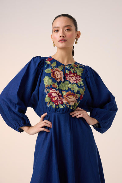 EMMA DRESS -BLUE EMBROIDERY