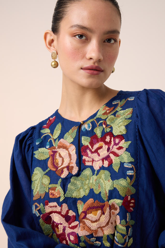 EMMA DRESS -BLUE EMBROIDERY