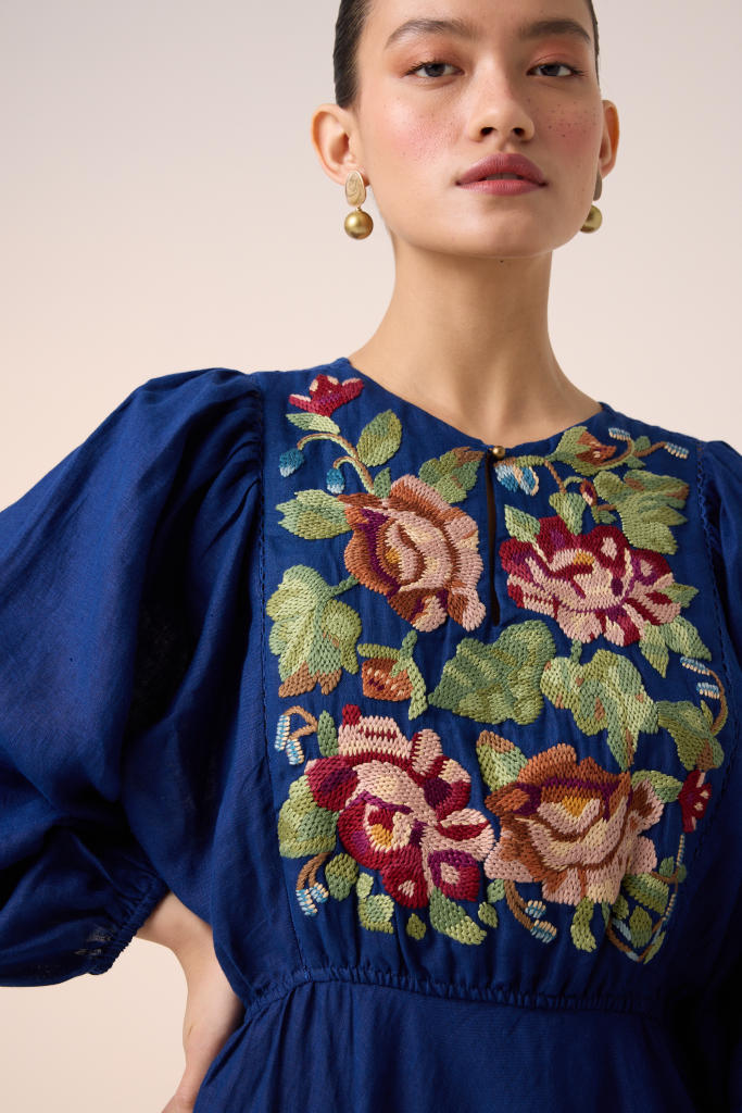 EMMA DRESS -BLUE EMBROIDERY