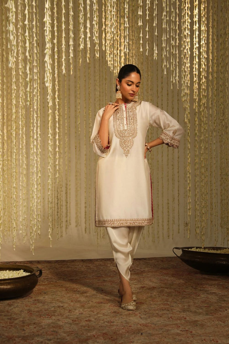 Enisa Straight kurta with Dhoti-Daisy Ivory silk by SHEETAL BATRA in ivory color for women Worldwide