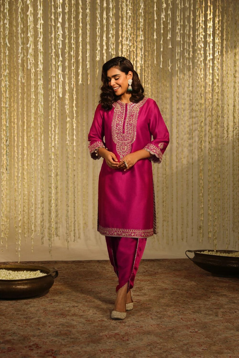 Enisa Straight kurta with Dhoti-Hotpink silk by SHEETAL BATRA in pink color for women Worldwide