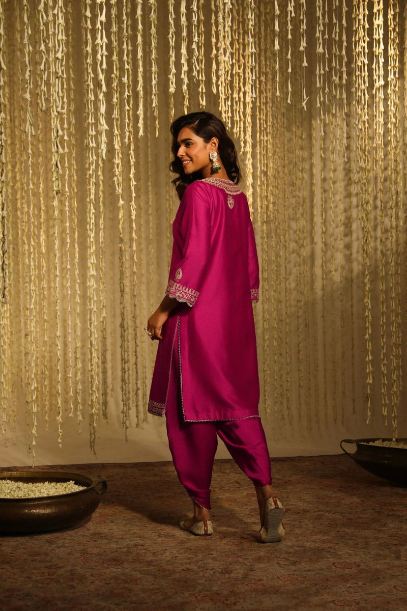 Enisa Straight kurta with Dhoti-Hotpink silk by SHEETAL BATRA in pink color for women Worldwide