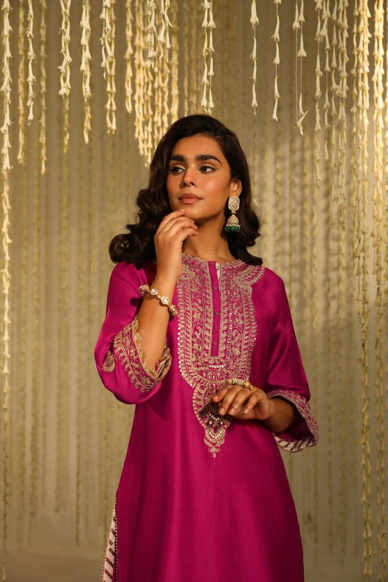 Enisa Straight kurta with Dhoti-Hotpink silk by SHEETAL BATRA in pink color for women Worldwide