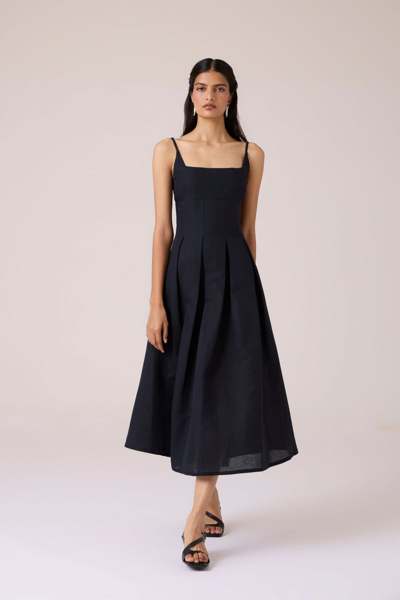 Eos Black Midi Dress cotton by The Summer House in black color for women Worldwide
