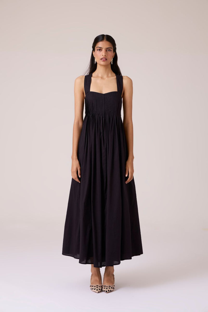Erato Black Pleated Dress cotton by The Summer House in black color for women Worldwide
