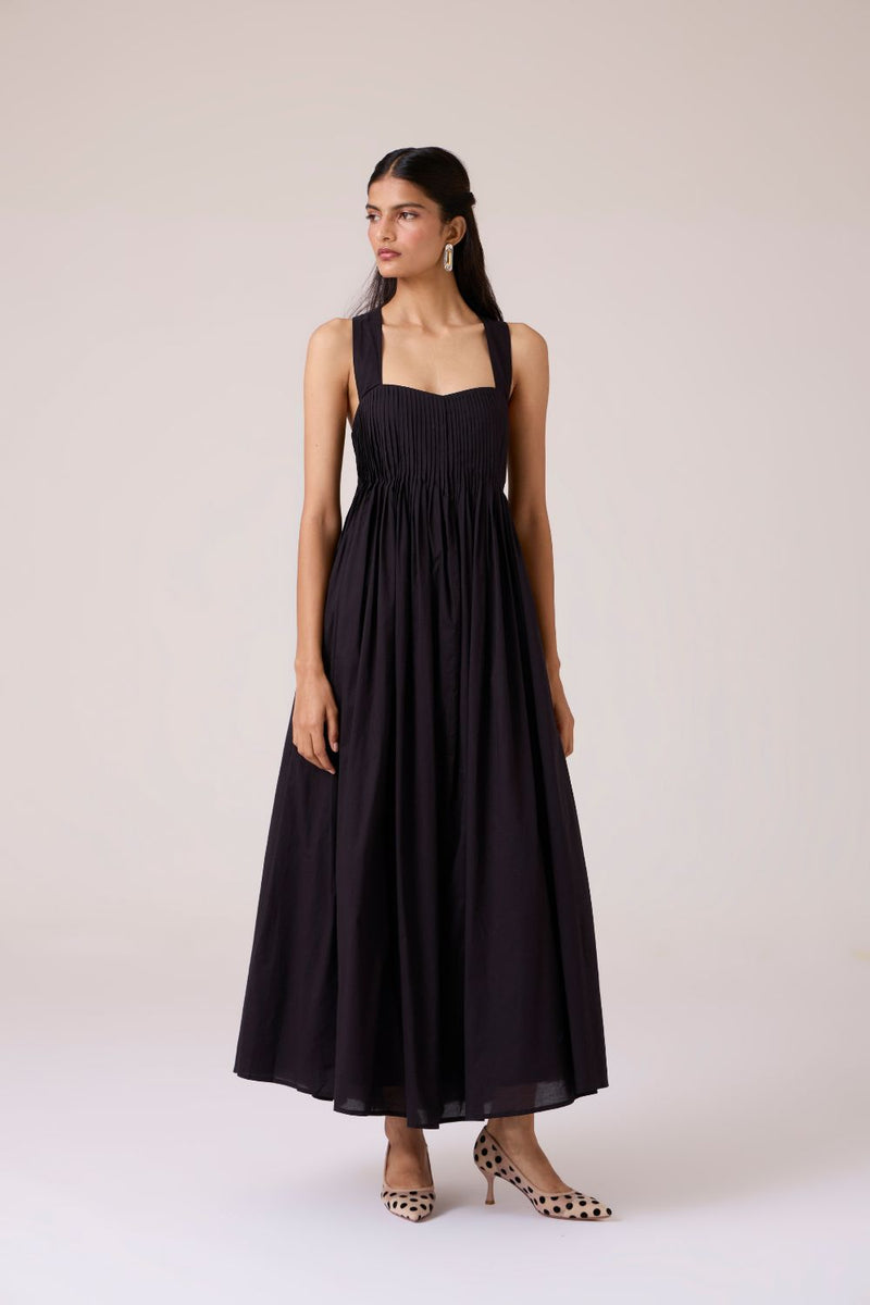 Erato Black Pleated Dress cotton by The Summer House in black color for women Worldwide