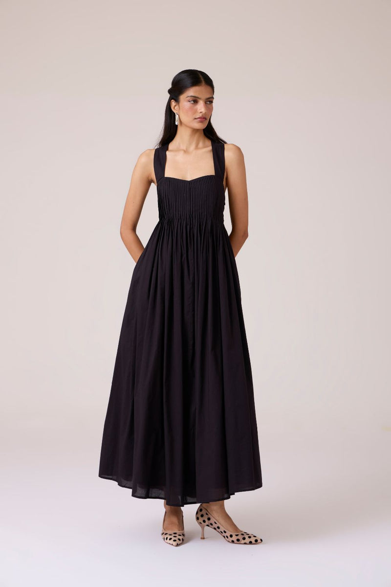 Erato Black Pleated Dress cotton by The Summer House in black color for women Worldwide