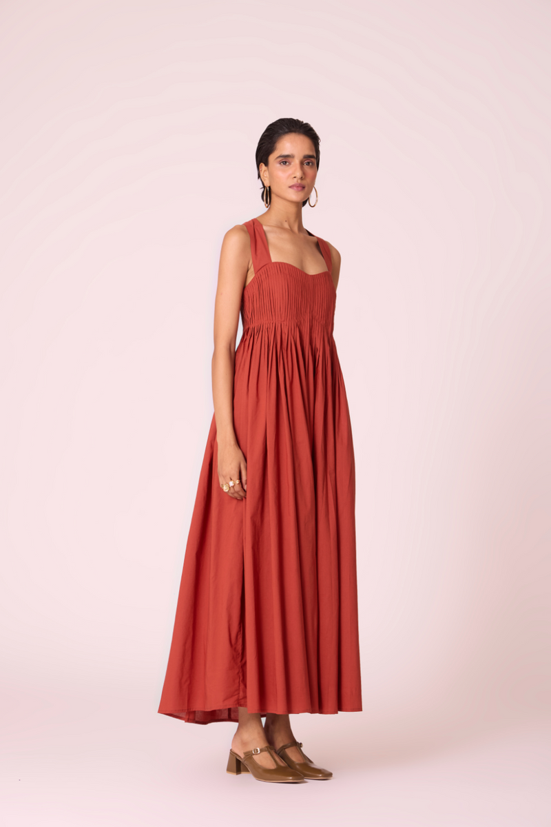 Erato Rust Pleated Dress cotton by The Summer House in rust color for women Worldwide