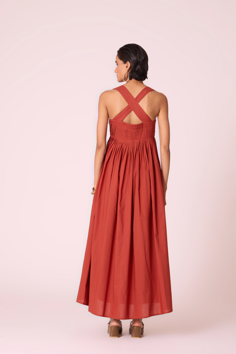 Erato Rust Pleated Dress cotton by The Summer House in rust color for women Worldwide