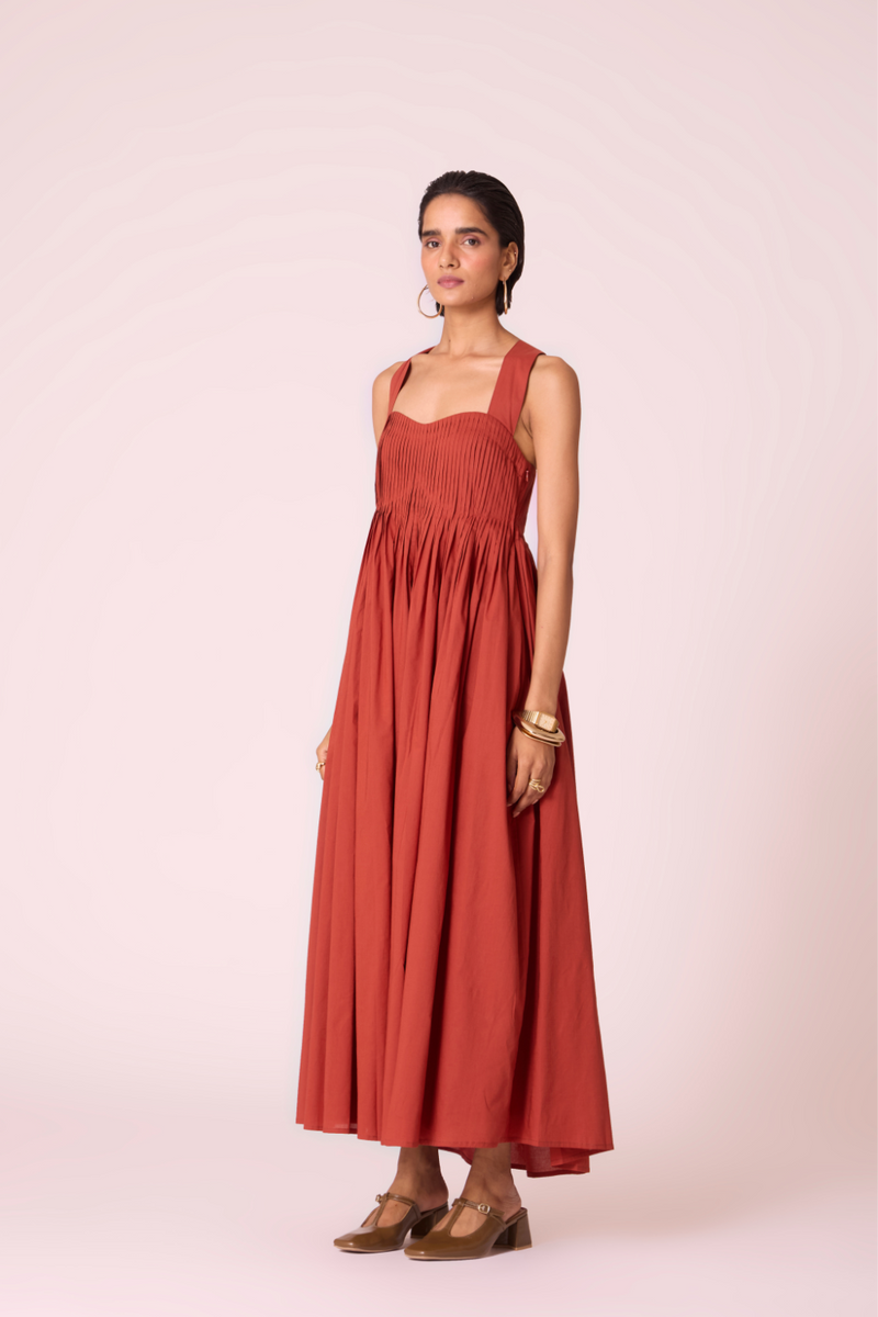 Erato Rust Pleated Dress cotton by The Summer House in rust color for women Worldwide