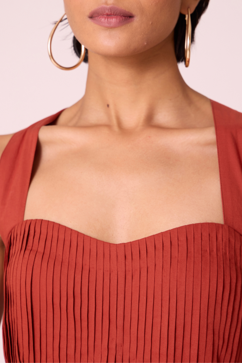 Erato Rust Pleated Dress cotton by The Summer House in rust color for women Worldwide