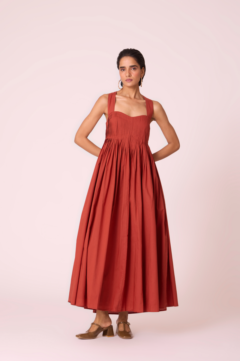 Erato Rust Pleated Dress cotton by The Summer House in rust color for women Worldwide