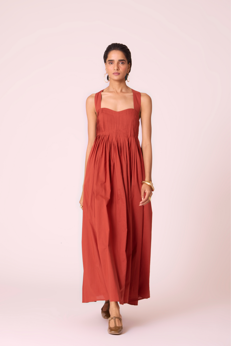 Erato Rust Pleated Dress cotton by The Summer House in rust color for women Worldwide