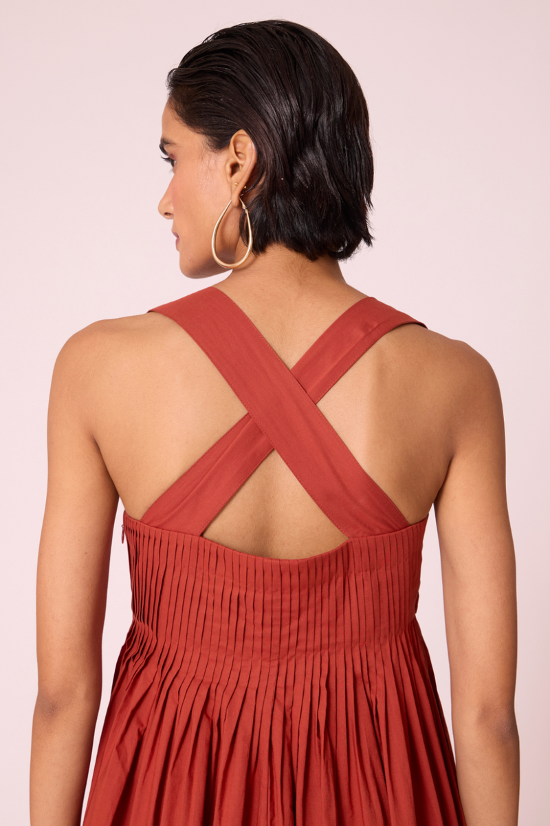 Erato Rust Pleated Dress cotton by The Summer House in rust color for women Worldwide