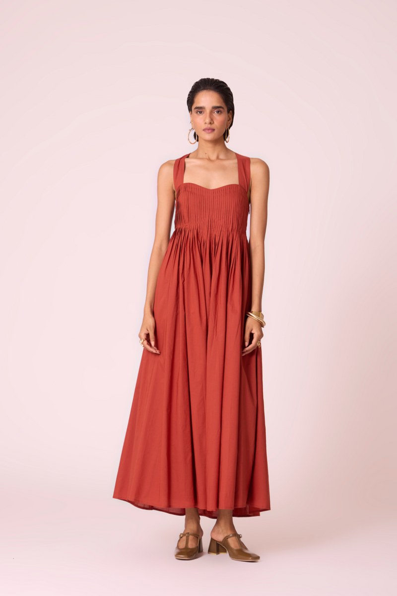Erato Rust Pleated Dress cotton by The Summer House in rust color for women Worldwide
