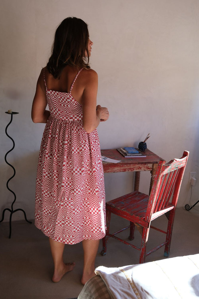 Erica Dee Dee — Sunday Picnic Dress hand block printed cotton dress by World of Crow in red for women Worldwide