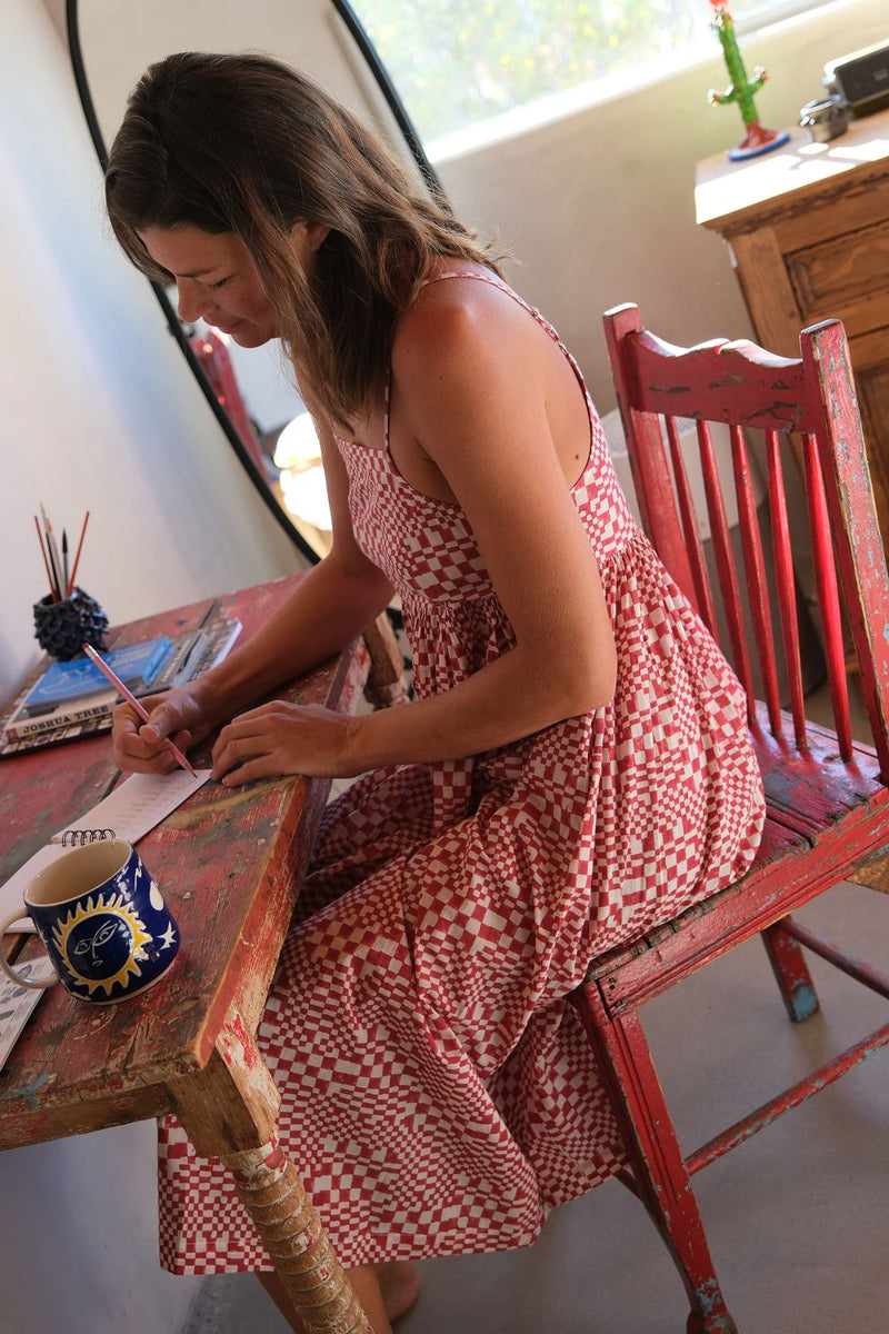 Erica Dee Dee — Sunday Picnic Dress hand block printed cotton dress by World of Crow in red for women Worldwide