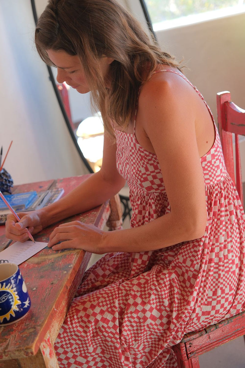 Erica Dee Dee — Sunday Picnic Dress hand block printed cotton dress by World of Crow in red for women Worldwide