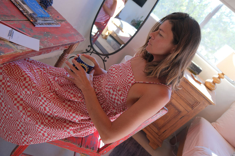 Erica Dee Dee — Sunday Picnic Dress hand block printed cotton dress by World of Crow in red for women Worldwide