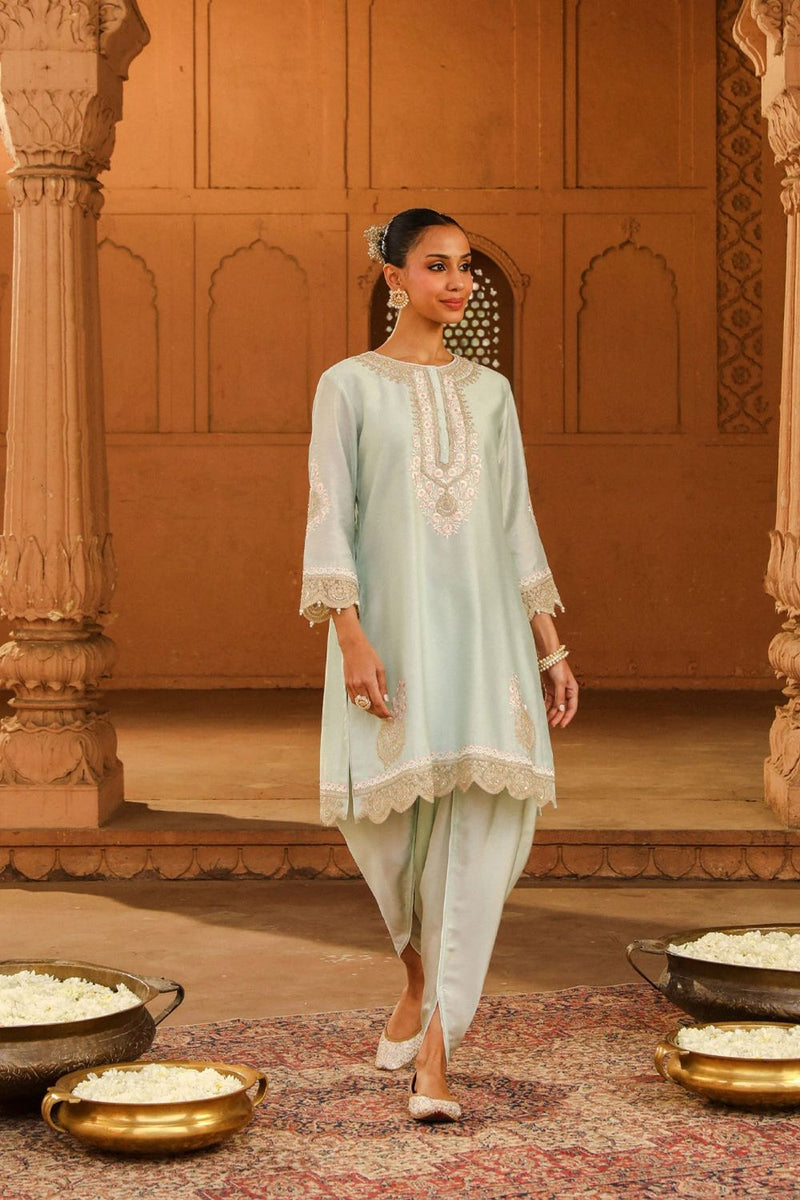 Ernika Short kurta with dhoti-Misty Green silk by SHEETAL BATRA in green color for women Worldwide