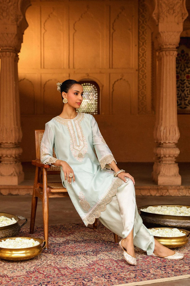 Ernika Short kurta with dhoti-Misty Green silk by SHEETAL BATRA in green color for women Worldwide