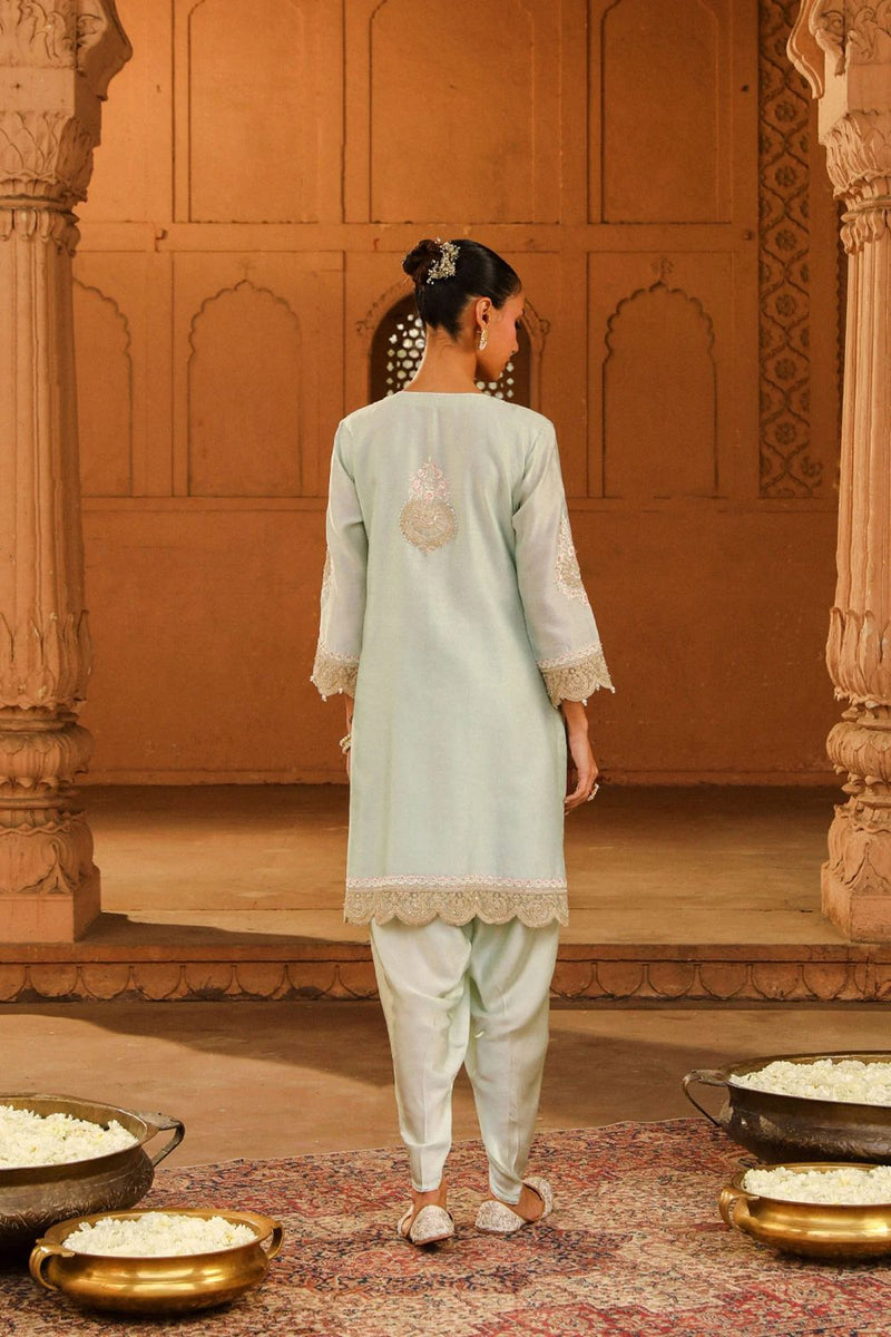 Ernika Short kurta with dhoti-Misty Green silk by SHEETAL BATRA in green color for women Worldwide