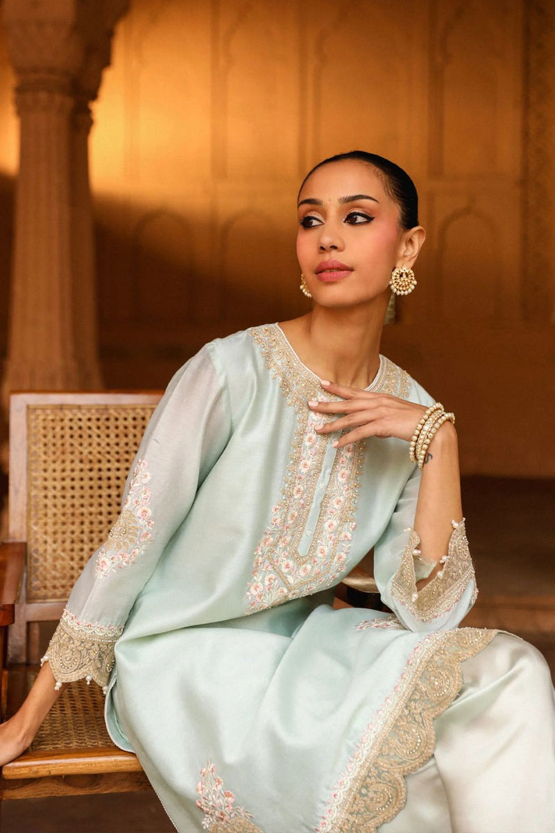 Ernika Short kurta with dhoti-Misty Green silk by SHEETAL BATRA in green color for women Worldwide