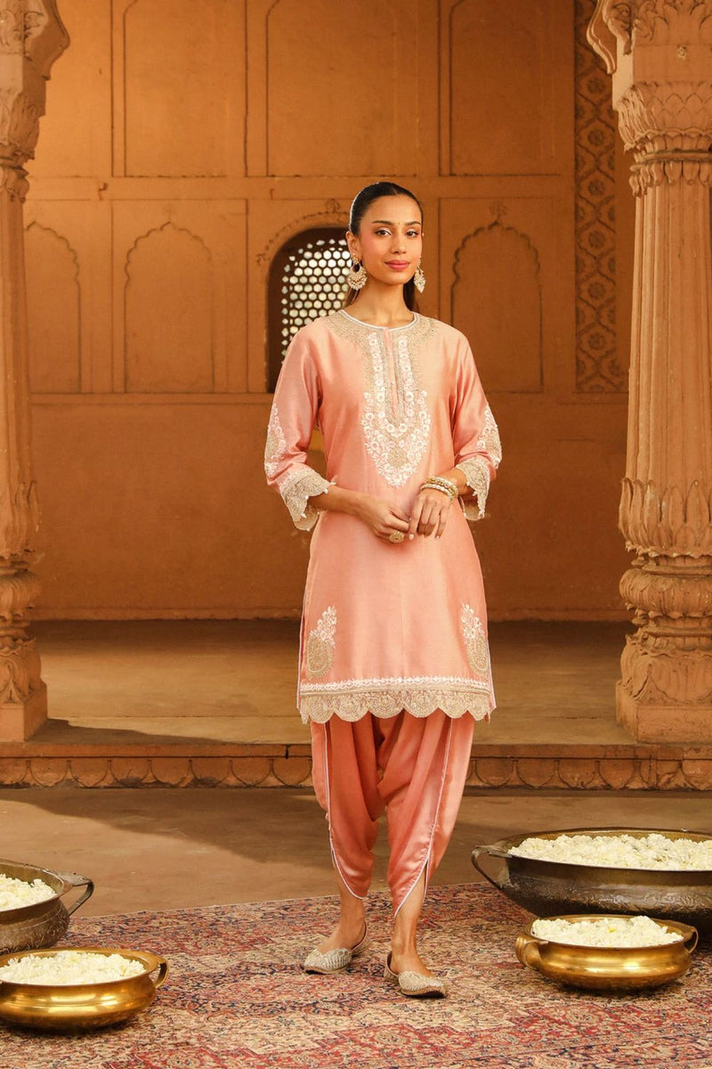 Ernika Short kurta with dhoti-Off-Rose silk by SHEETAL BATRA in pink color for women Worldwide