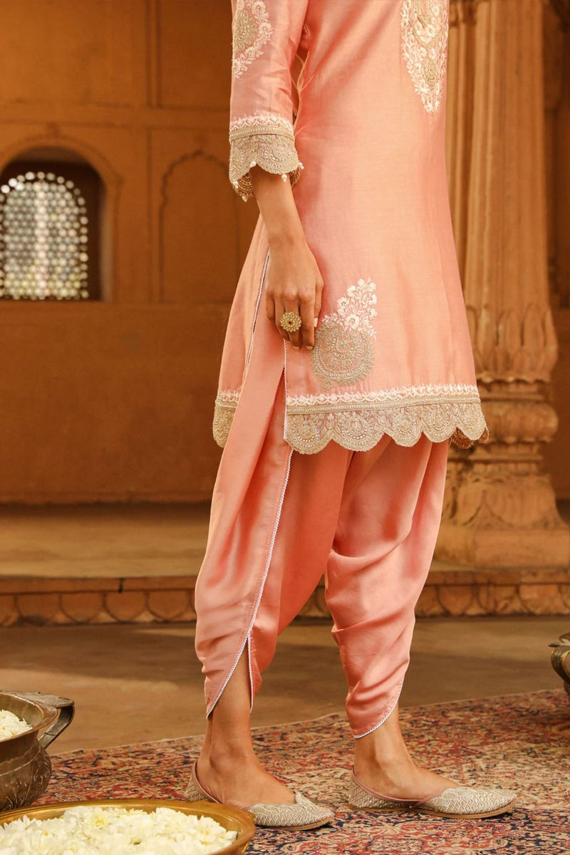 Ernika Short kurta with dhoti-Off-Rose silk by SHEETAL BATRA in pink color for women Worldwide