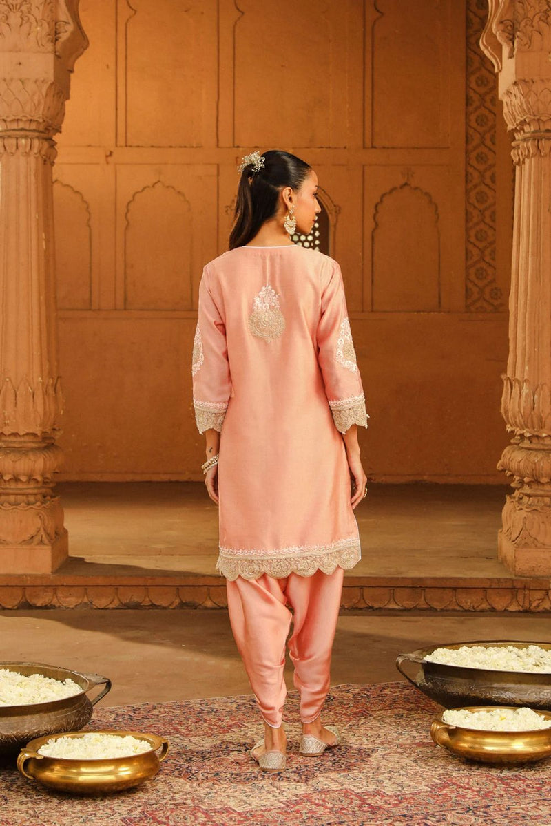 Ernika Short kurta with dhoti-Off-Rose silk by SHEETAL BATRA in pink color for women Worldwide
