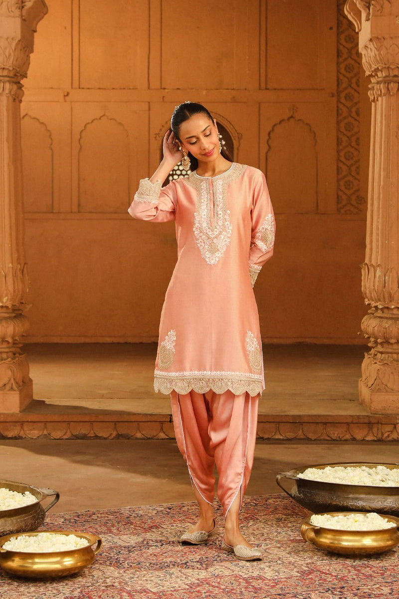 Ernika Short kurta with dhoti-Off-Rose silk by SHEETAL BATRA in pink color for women Worldwide