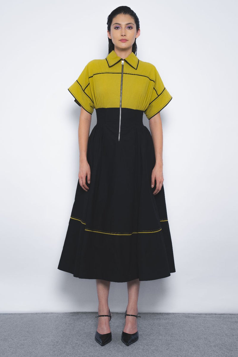 Esther Dress - Mustard and Black cotton by Leh Studios in multi color for women Worldwide