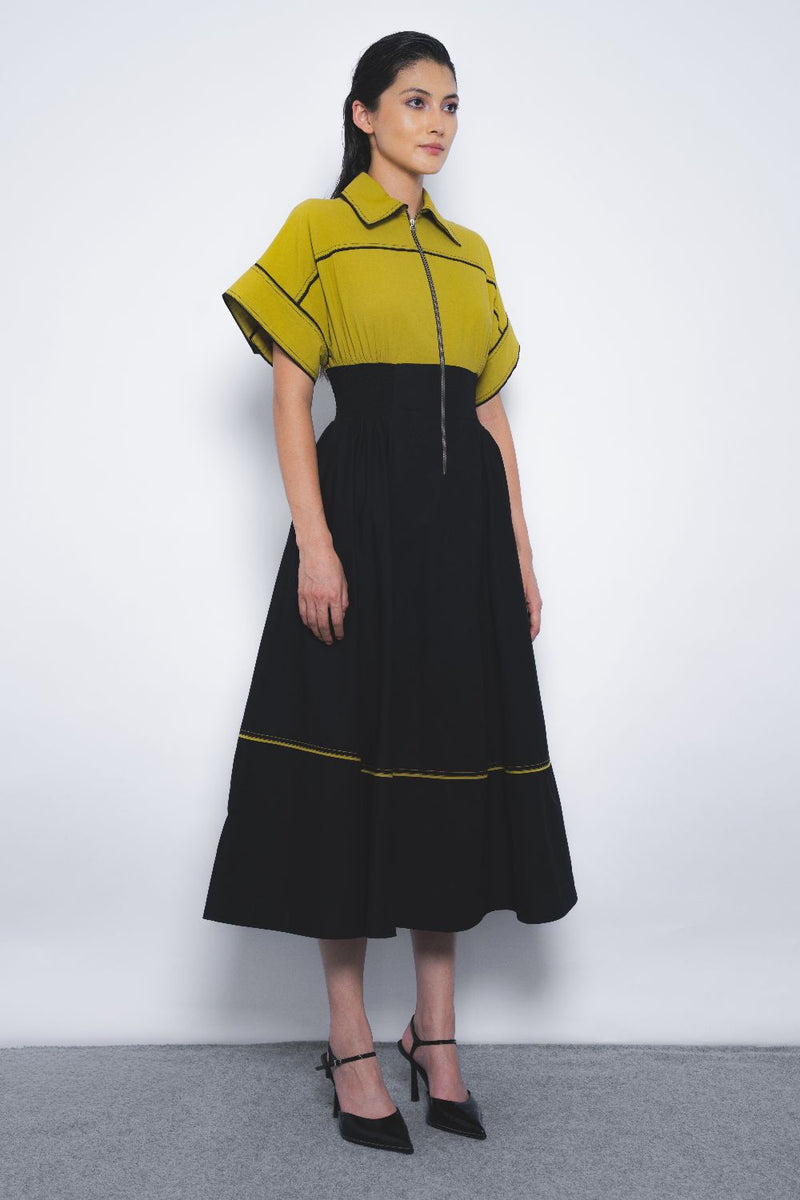 Esther Dress - Mustard and Black cotton by Leh Studios in multi color for women Worldwide
