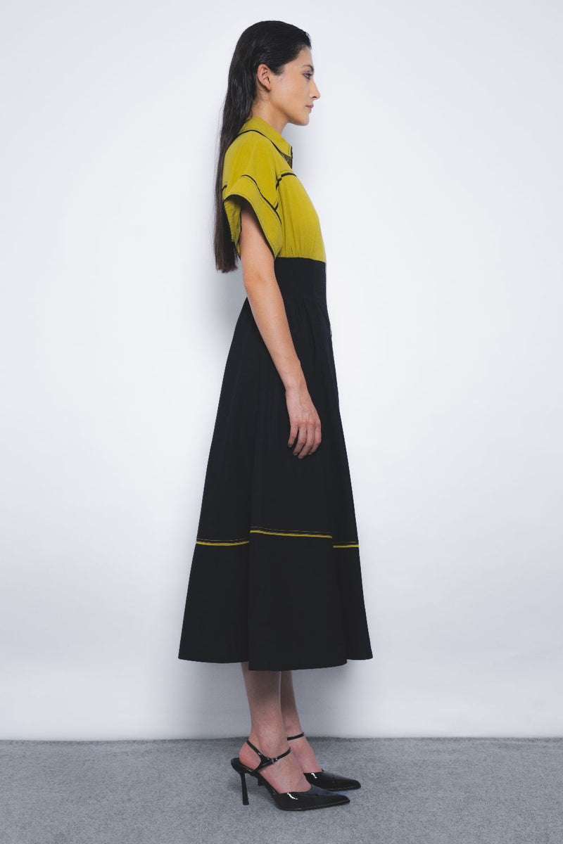 Esther Dress - Mustard and Black cotton by Leh Studios in multi color for women Worldwide