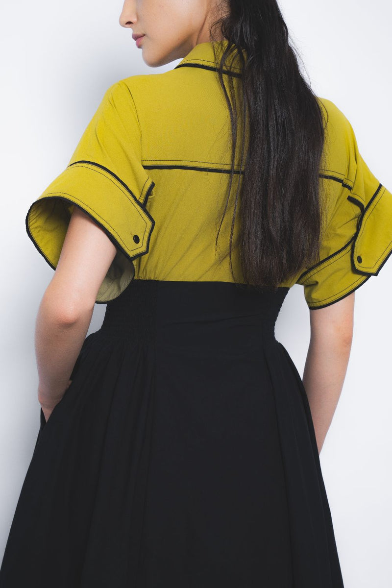 Esther Dress - Mustard and Black cotton by Leh Studios in multi color for women Worldwide