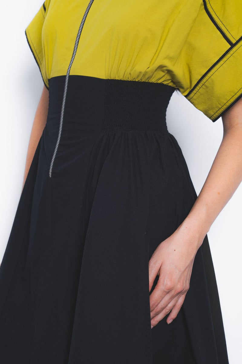 Esther Dress - Mustard and Black cotton by Leh Studios in multi color for women Worldwide
