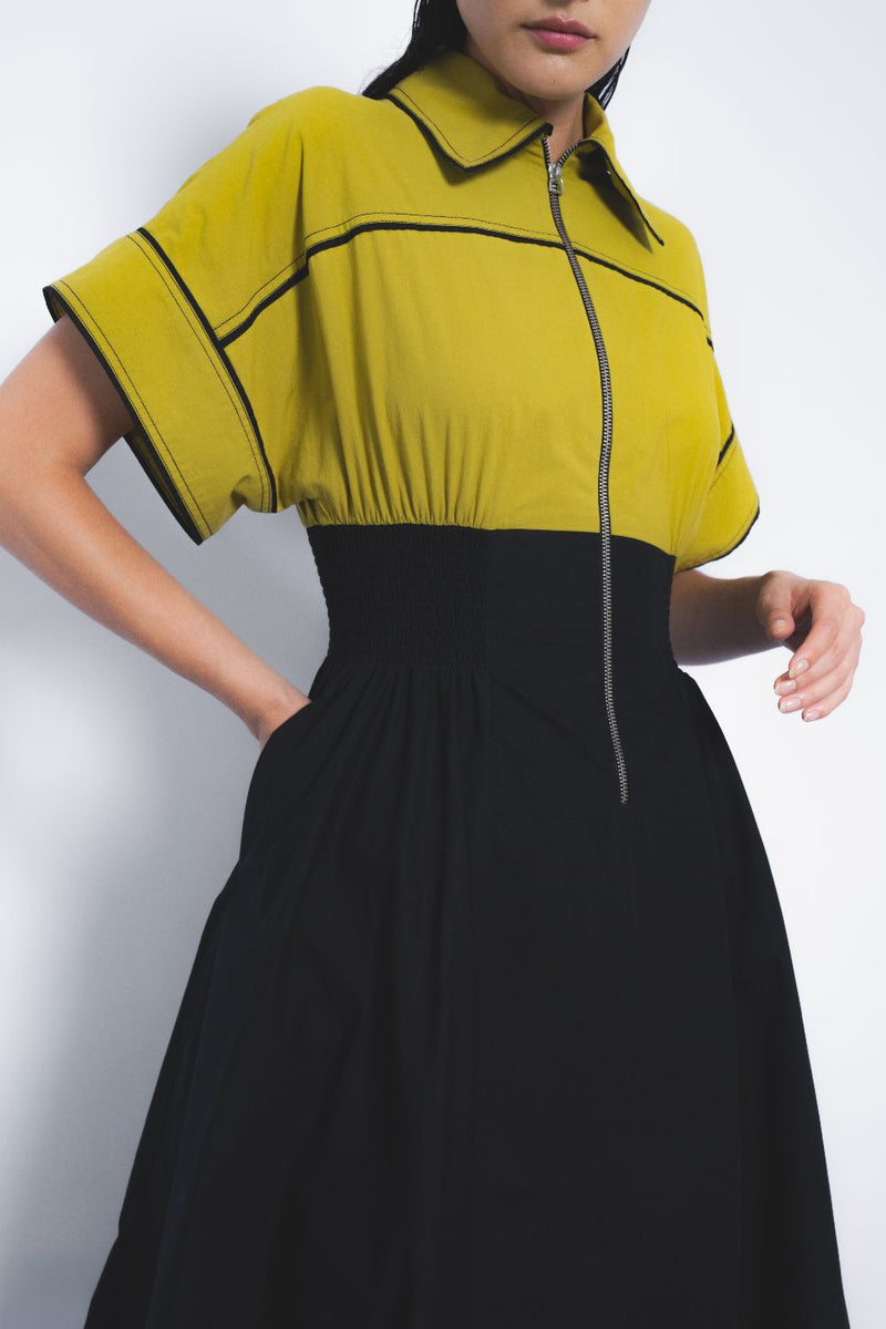Esther Dress - Mustard and Black cotton by Leh Studios in multi color for women Worldwide