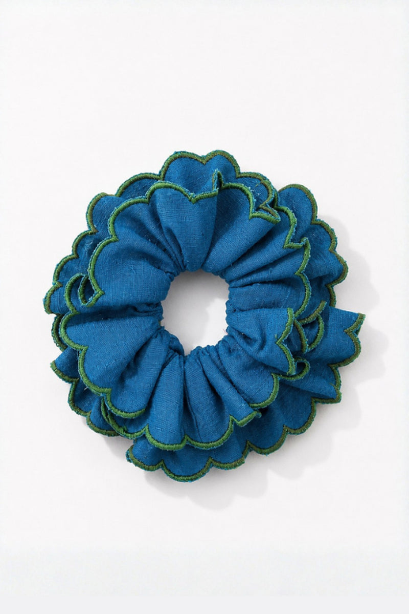 Ether Handloom Scallop Scrunchie kala cotton hair accessorie by JodiLife in blue for women Worldwide