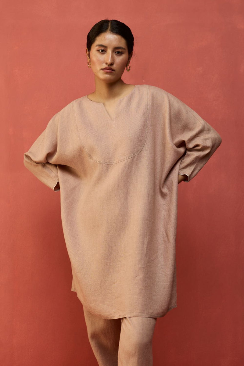Etsu Yoke Linen Kurta - Dusty Rose linen by Manan in blush color for women Worldwide
