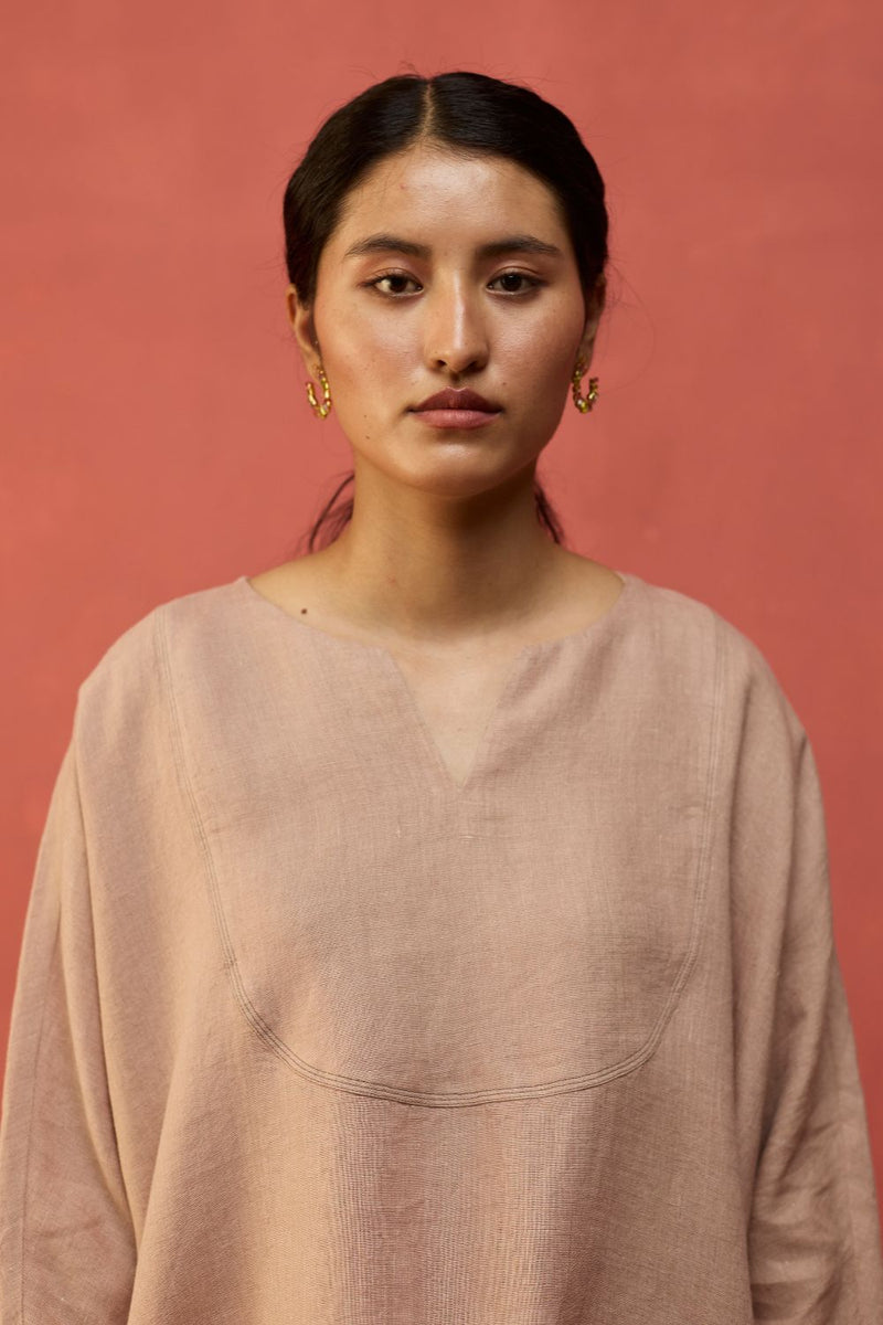 Etsu Yoke Linen Kurta - Dusty Rose linen by Manan in blush color for women Worldwide
