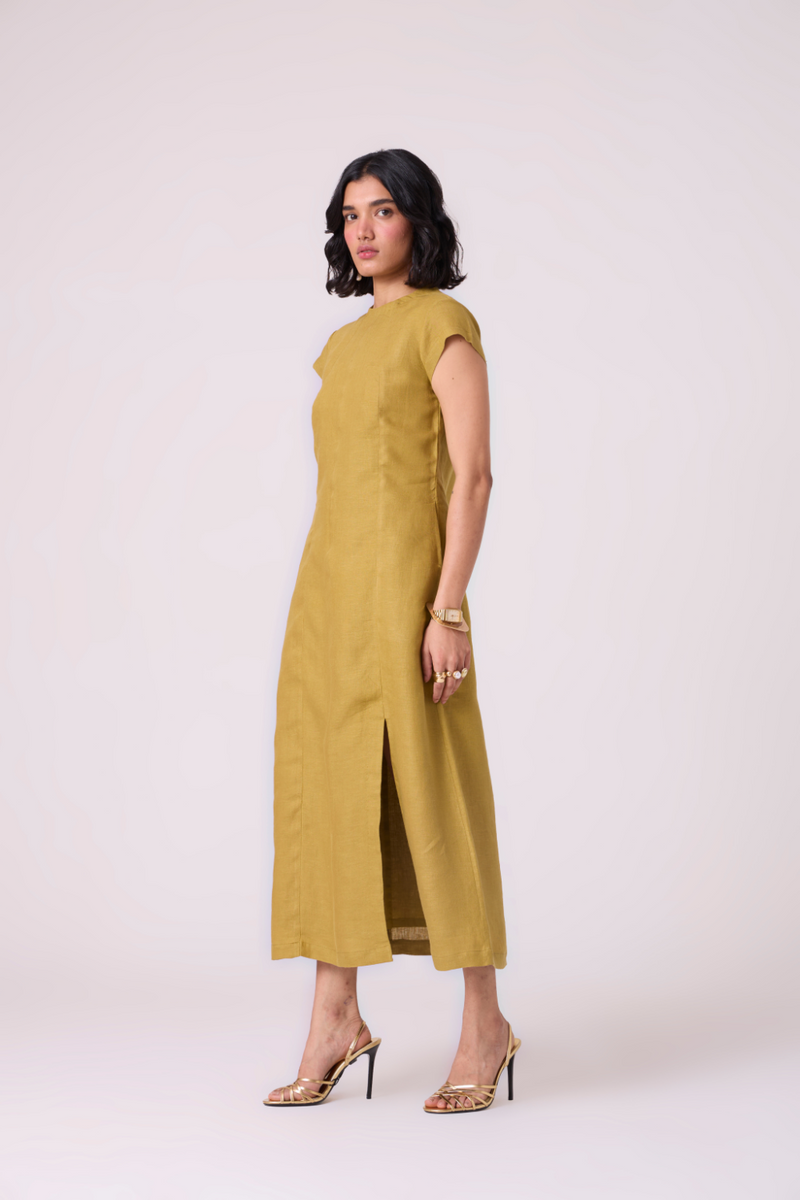 Evgeny Olive Linen Dress all linen by The Summer House in green color for women Worldwide