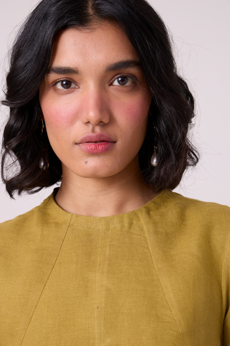 Evgeny Olive Linen Dress all linen by The Summer House in green color for women Worldwide