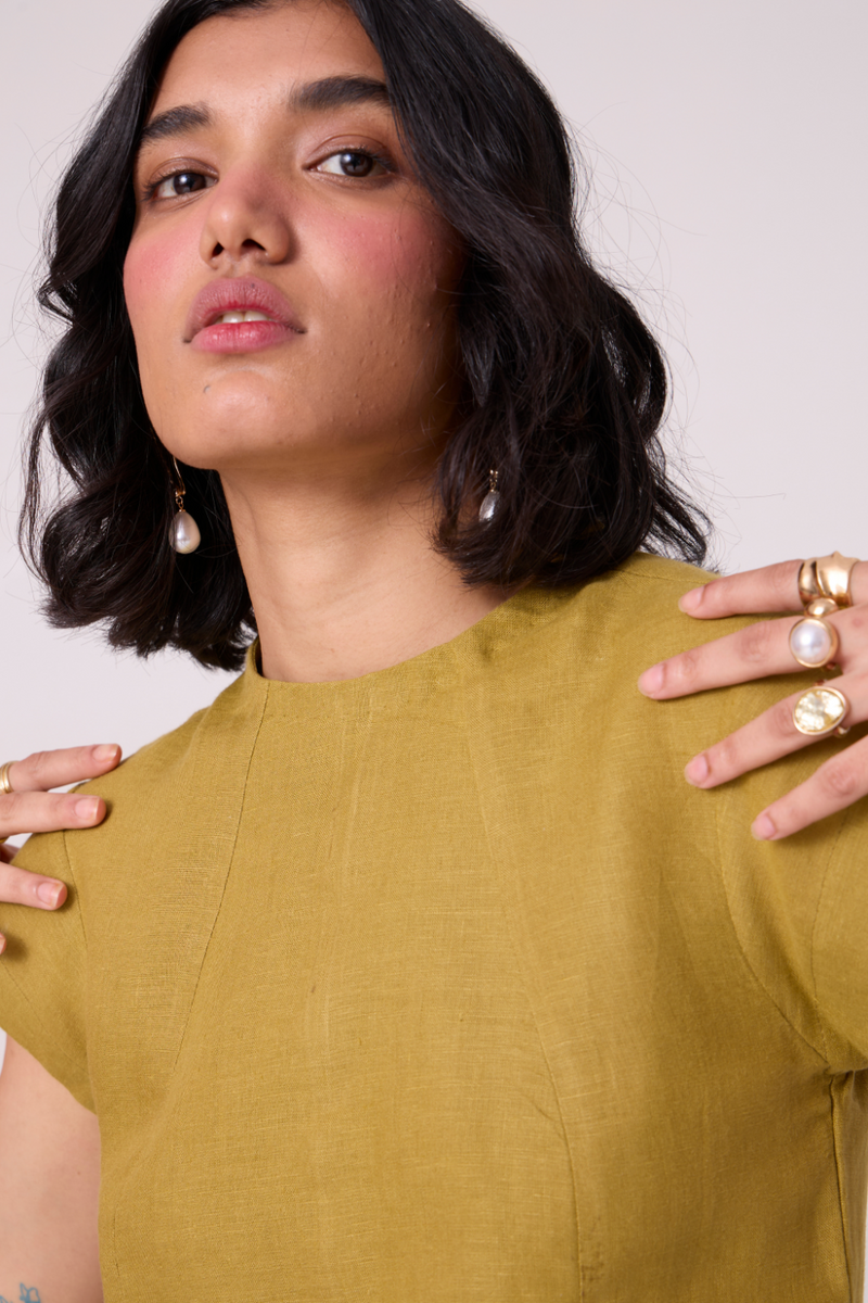 Evgeny Olive Linen Dress all linen by The Summer House in green color for women Worldwide