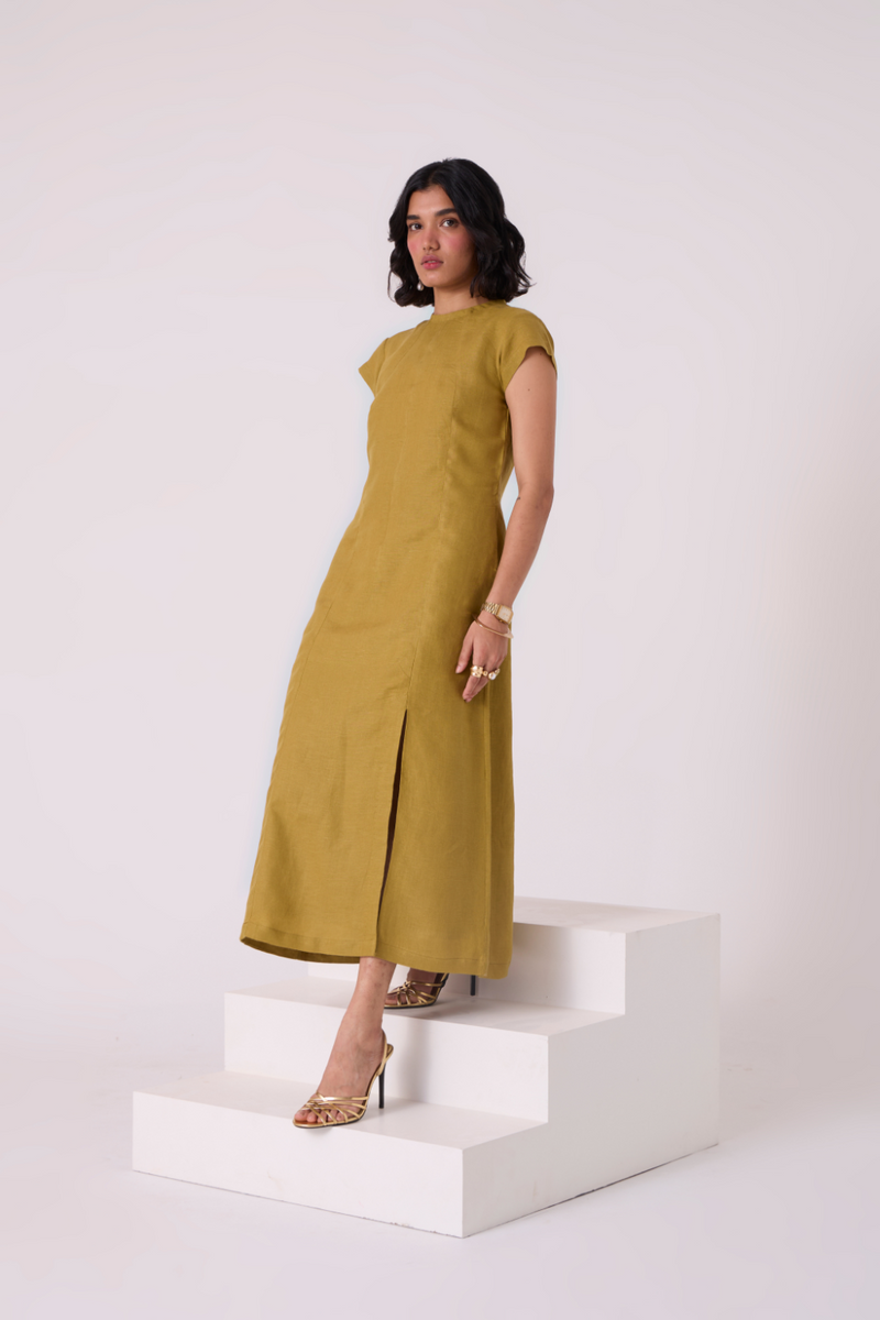 Evgeny Olive Linen Dress all linen by The Summer House in green color for women Worldwide