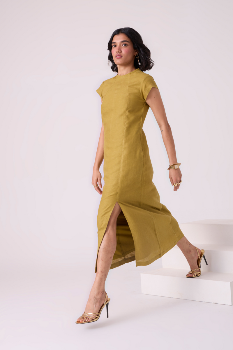 Evgeny Olive Linen Dress all linen by The Summer House in green color for women Worldwide