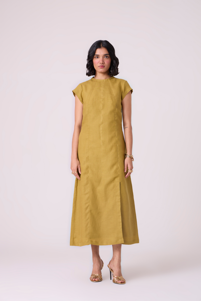 Evgeny Olive Linen Dress all linen by The Summer House in green color for women Worldwide